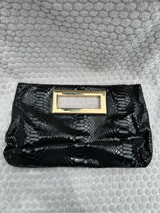 Michael Kors Handbags - Michael Kors Black Patent Snake-Embossed Clutch with Gold Handle Accent